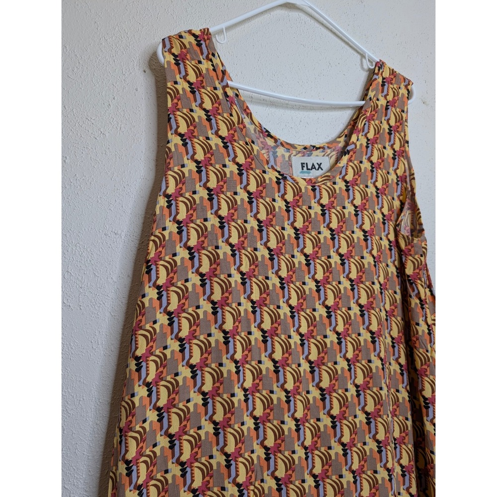 FLAX Women Maxi Dress Large Yellow Geometric Sleeveless Rayon Slit Lagenlook - Picture 2 of 5